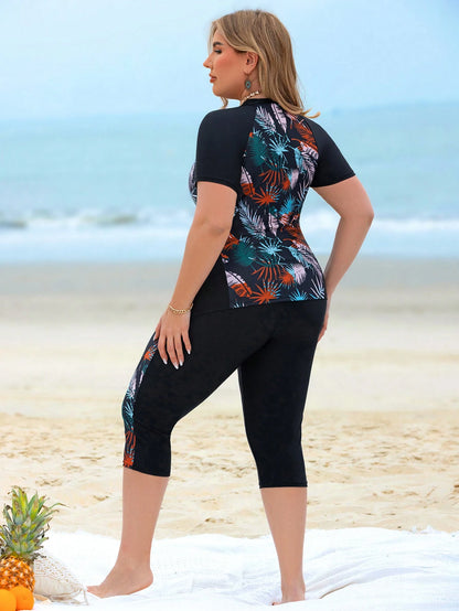 Swim Lushoire Plus Size 2pcs Women Leaf Print Patchwork Top And Long Swim Shorts, Black Splicing Round Neck Sleeveless Bikini Set, Beach Vacation For Summer