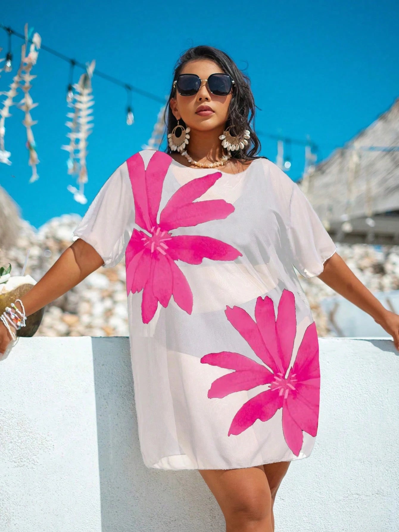 Swim Lushoire Plus Size Mesh Print Loose Short Sleeve Beach Vacation Cover Up For Women White Summer Boho