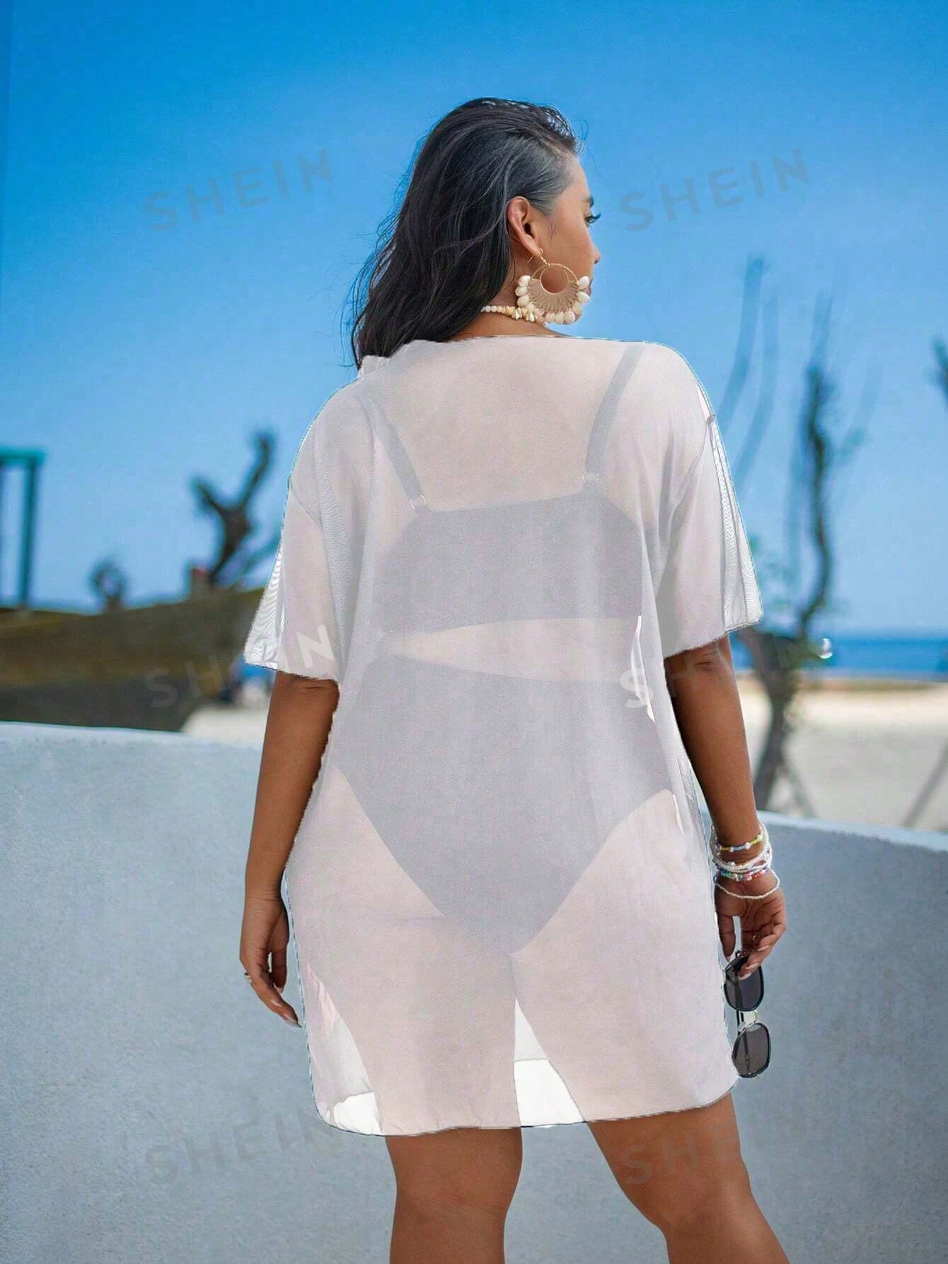 Swim Lushoire Plus Size Mesh Print Loose Short Sleeve Beach Vacation Cover Up For Women White Summer Boho