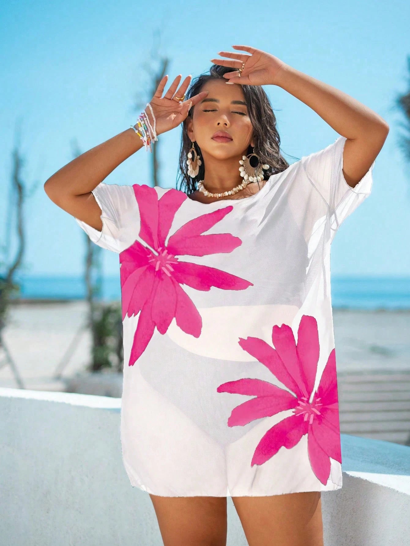 Swim Lushoire Plus Size Mesh Print Loose Short Sleeve Beach Vacation Cover Up For Women White Summer Boho