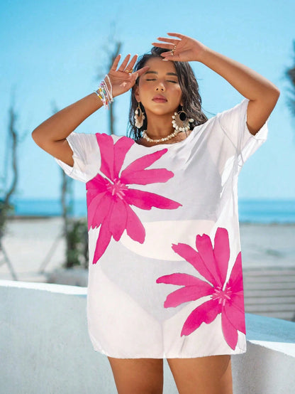 Swim Lushoire Plus Size Mesh Print Loose Short Sleeve Beach Vacation Cover Up For Women White Summer Boho