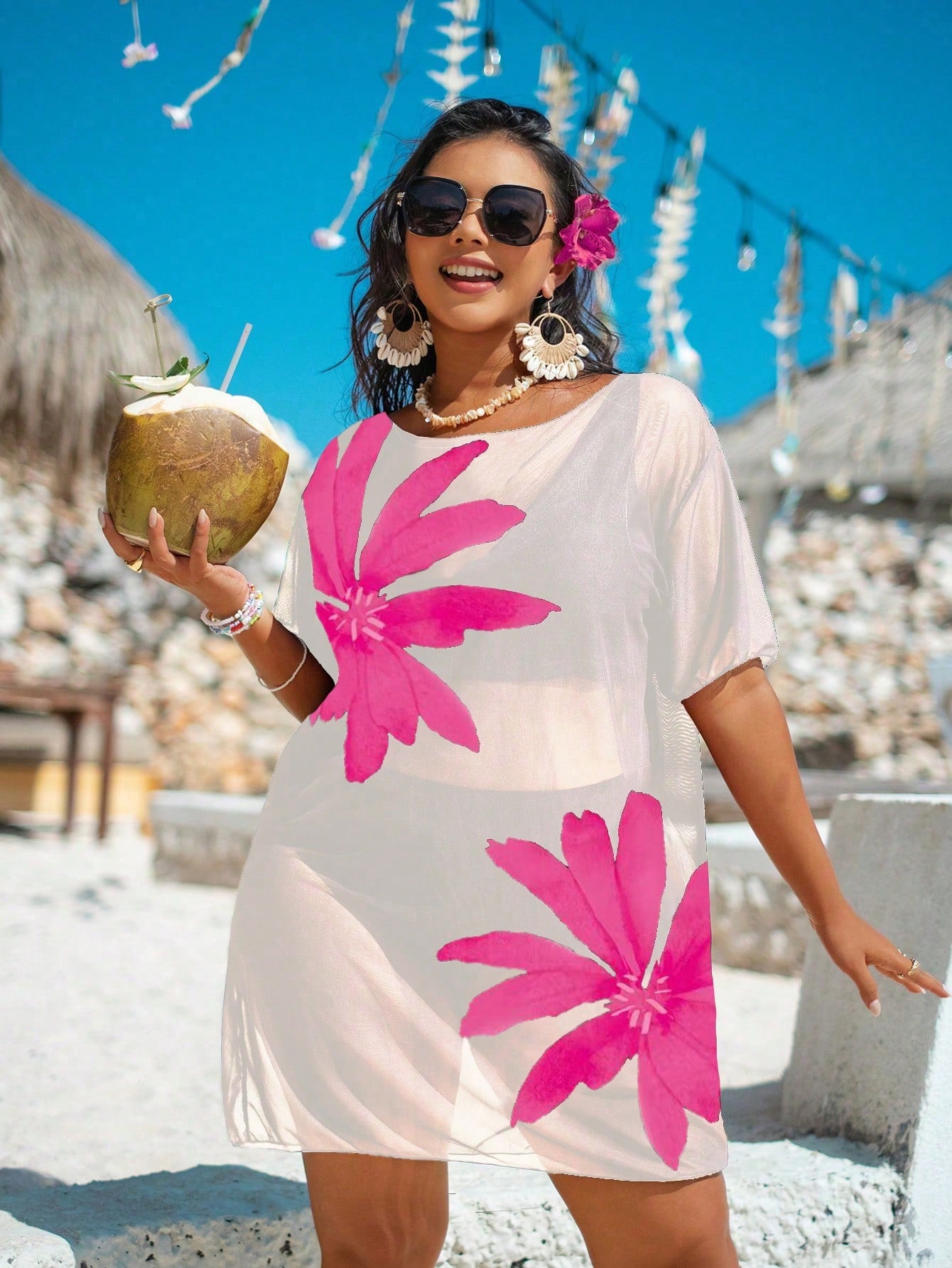 Swim Lushoire Plus Size Mesh Print Loose Short Sleeve Beach Vacation Cover Up For Women White Summer Boho