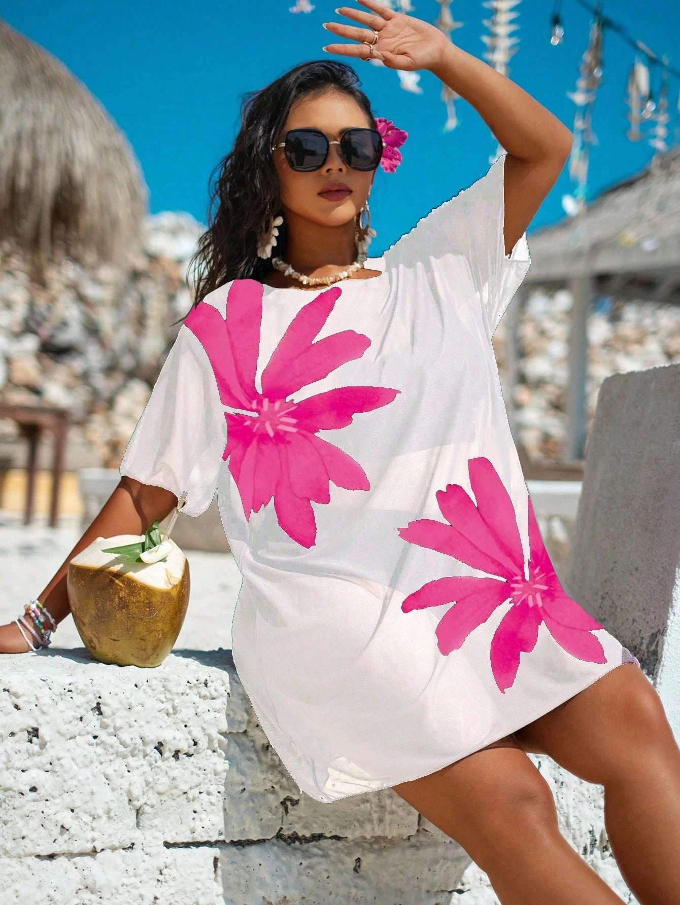 Swim Lushoire Plus Size Mesh Print Loose Short Sleeve Beach Vacation Cover Up For Women White Summer Boho