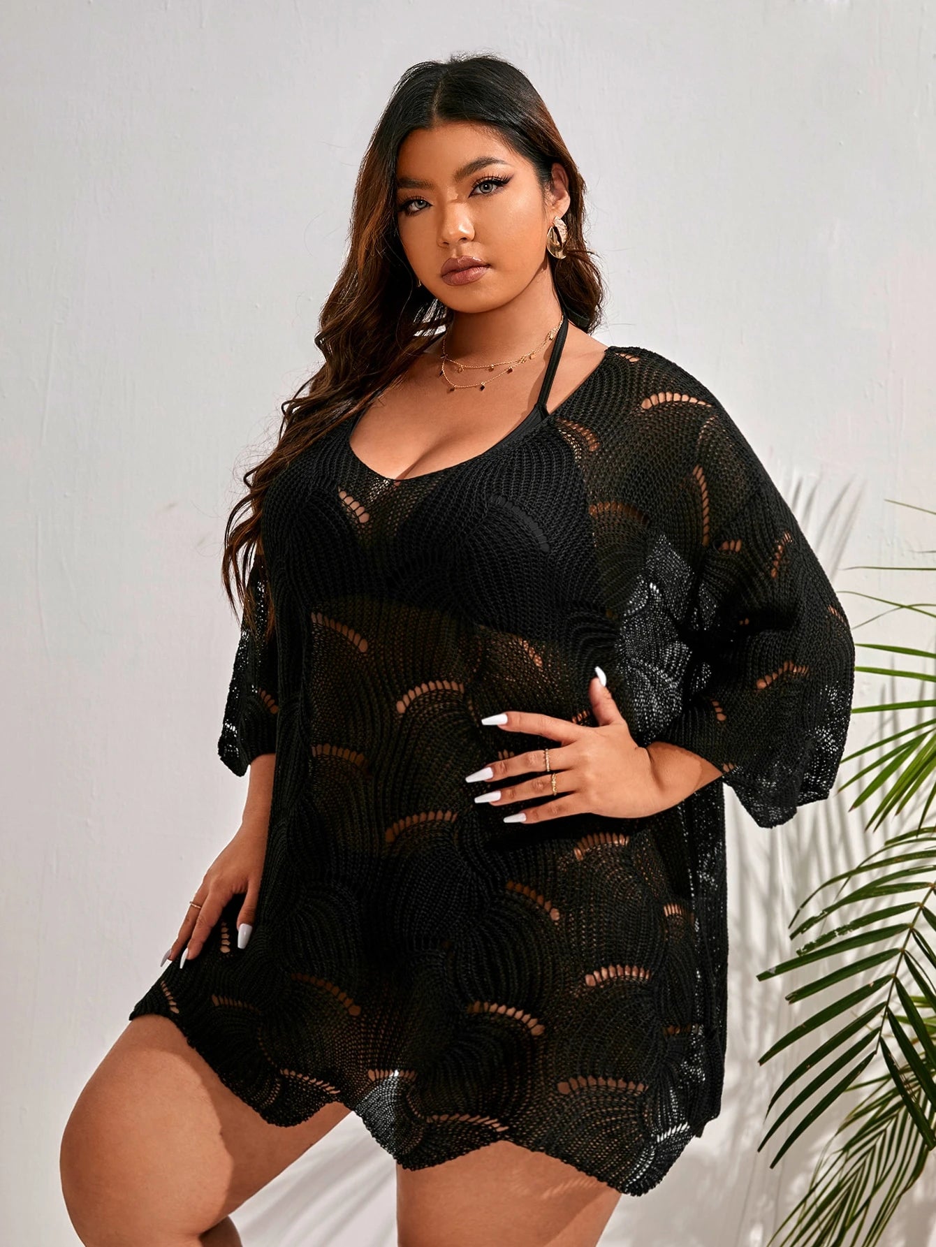 Swim Lushoire Plus Size Plain Knitted Cover Up Summer