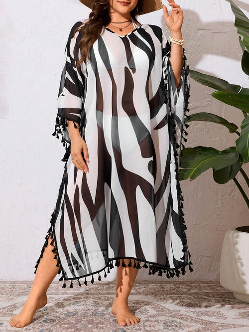Swim Lushoire Plus Size Random Tie-Dye & Tassel V-Neck Loose Flowy Beach Cover Up Dress/ Plus Size Swimsuit Cover Up Summer