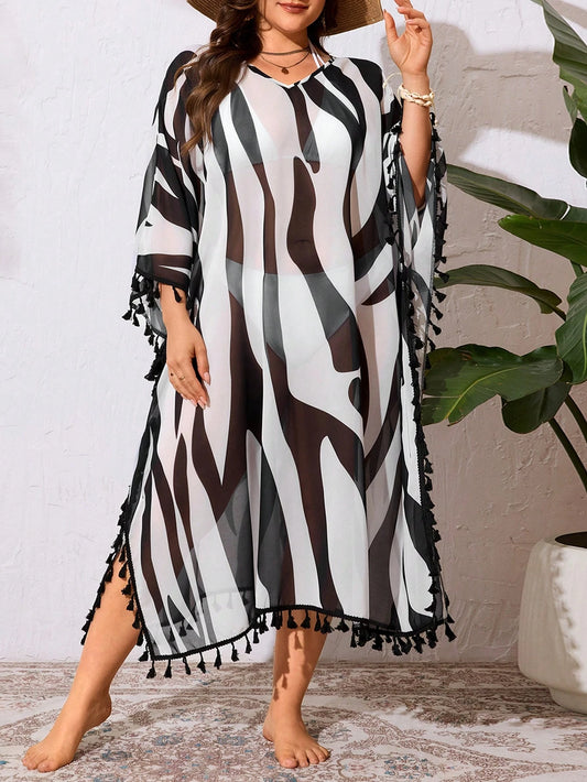 Swim Lushoire Plus Size Random Tie-Dye & Tassel V-Neck Loose Flowy Beach Cover Up Dress/ Plus Size Swimsuit Cover Up Summer