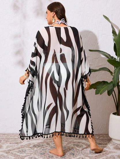 Swim Lushoire Plus Size Random Tie-Dye & Tassel V-Neck Loose Flowy Beach Cover Up Dress/ Plus Size Swimsuit Cover Up Summer