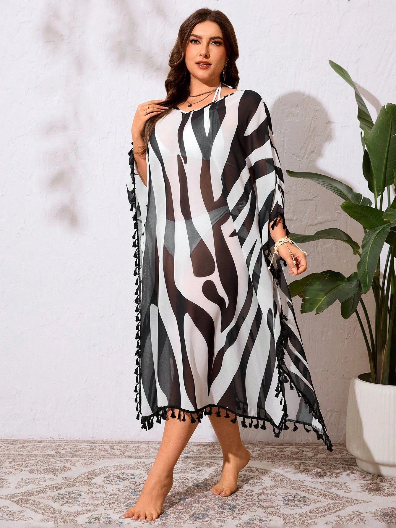 Swim Lushoire Plus Size Random Tie-Dye & Tassel V-Neck Loose Flowy Beach Cover Up Dress/ Plus Size Swimsuit Cover Up Summer