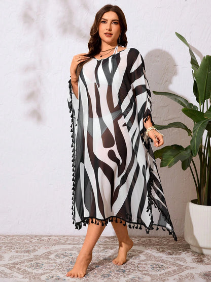 Swim Lushoire Plus Size Random Tie-Dye & Tassel V-Neck Loose Flowy Beach Cover Up Dress/ Plus Size Swimsuit Cover Up Summer
