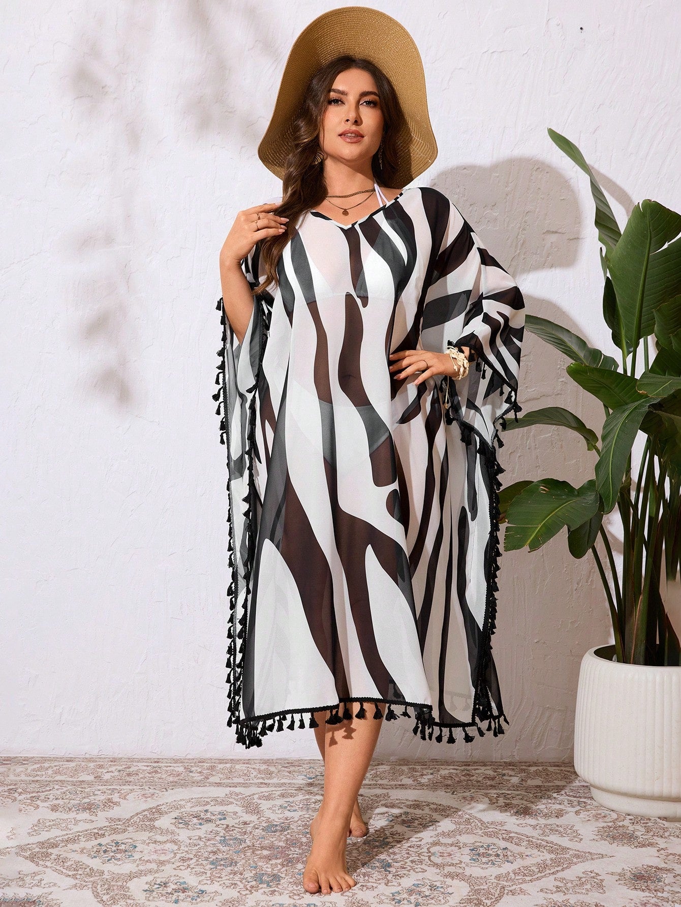 Swim Lushoire Plus Size Random Tie-Dye & Tassel V-Neck Loose Flowy Beach Cover Up Dress/ Plus Size Swimsuit Cover Up Summer