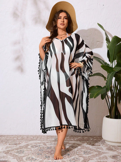 Swim Lushoire Plus Size Random Tie-Dye & Tassel V-Neck Loose Flowy Beach Cover Up Dress/ Plus Size Swimsuit Cover Up Summer