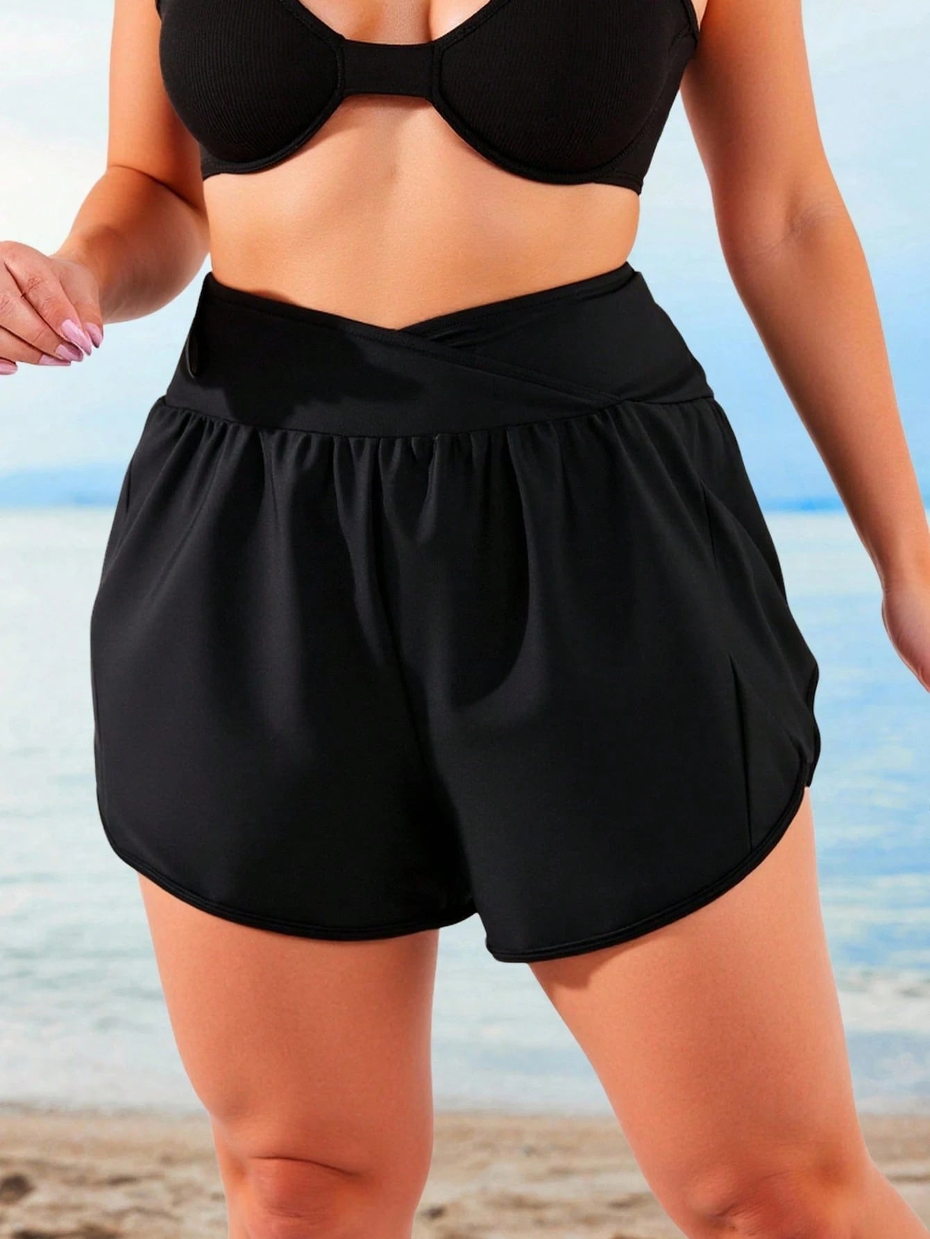 Swim Lushoire Plus Size Solid Asymmetrical Waist Shorts Bikini Bottom Summer