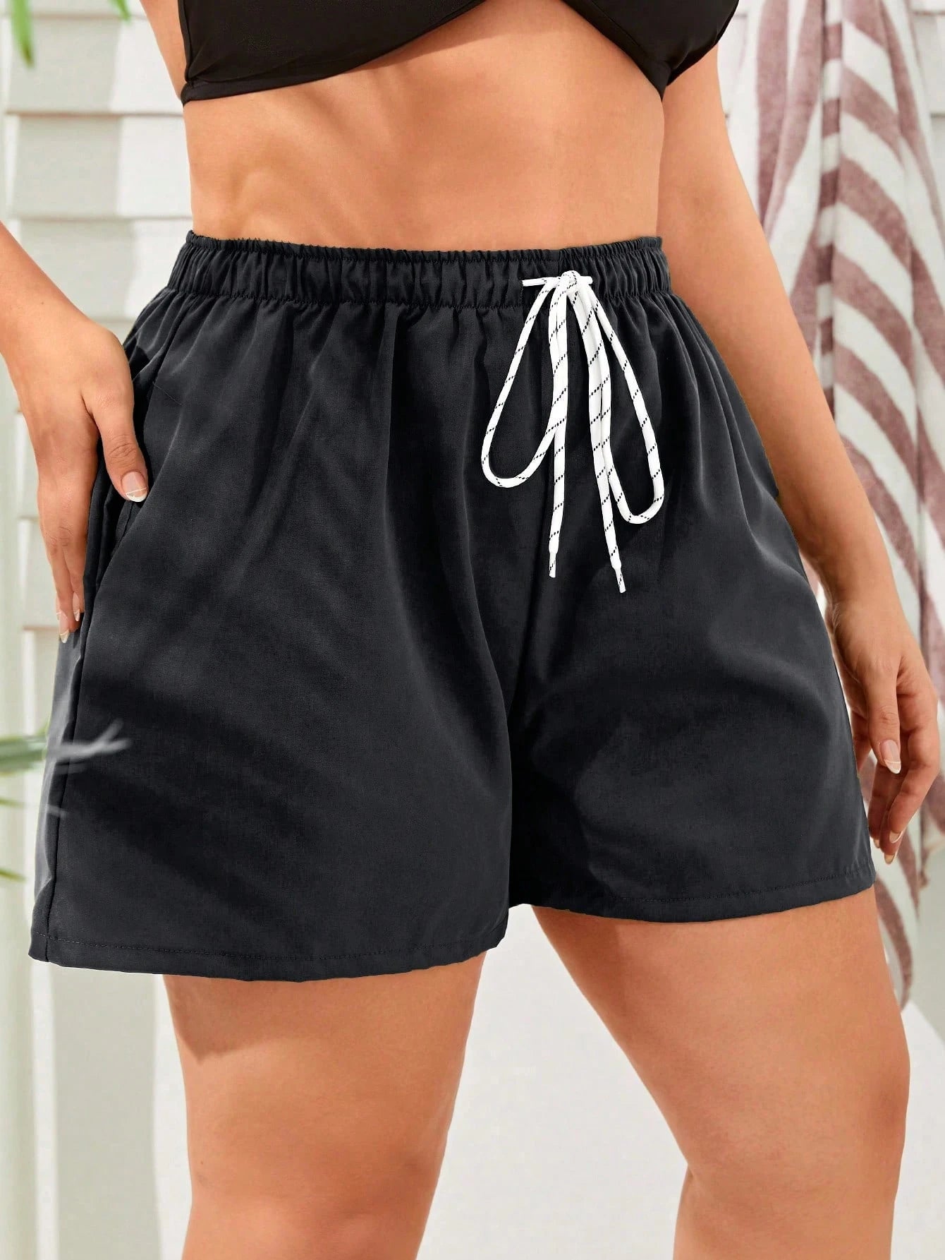 Swim Lushoire Plus Size Solid Color Drawstring Waist Swim Bottoms For Summer Beach
