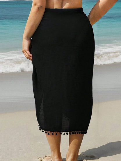 Swim Lushoire Plus Size Solid Color Skirt Cover-Up, Bohemian Style Tassel Beach Wrap