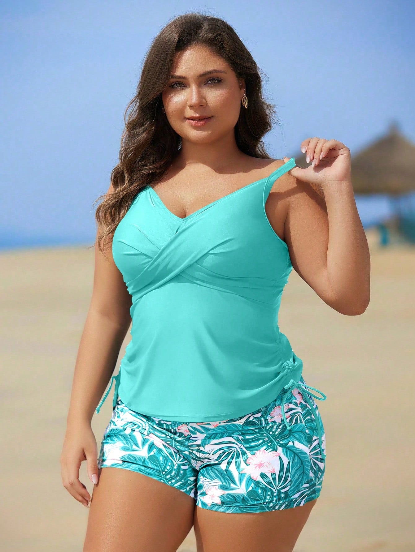Swim Lushoire Plus Size Solid Color Spaghetti Strap Tropical Print Tankini Swimwear Summer
