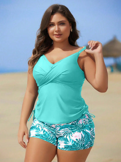 Swim Lushoire Plus Size Solid Color Spaghetti Strap Tropical Print Tankini Swimwear Summer