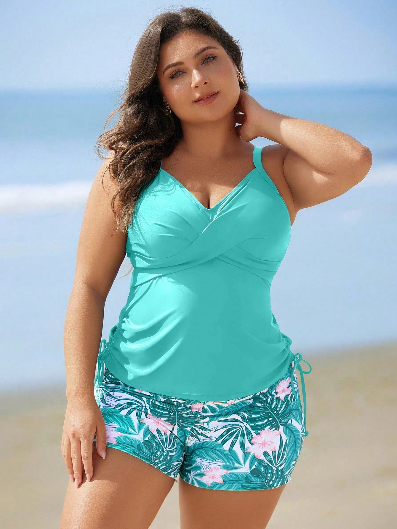 Swim Lushoire Plus Size Solid Color Spaghetti Strap Tropical Print Tankini Swimwear Summer