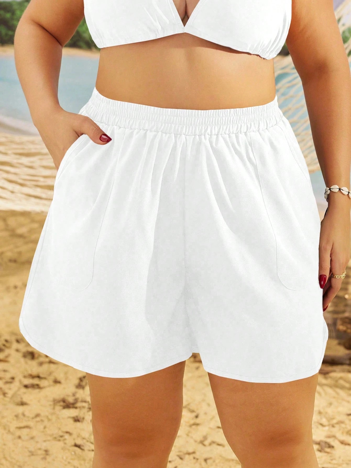 Swim Lushoire Plus Size Summer Holiday Beach Slant Pocket Elastic Waist Boardshorts Black Shorts Womenwomen Sports Shortsbeach Shorts