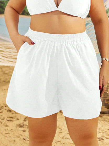 Swim Lushoire Plus Size Summer Holiday Beach Slant Pocket Elastic Waist Boardshorts Black Shorts Womenwomen Sports Shortsbeach Shorts