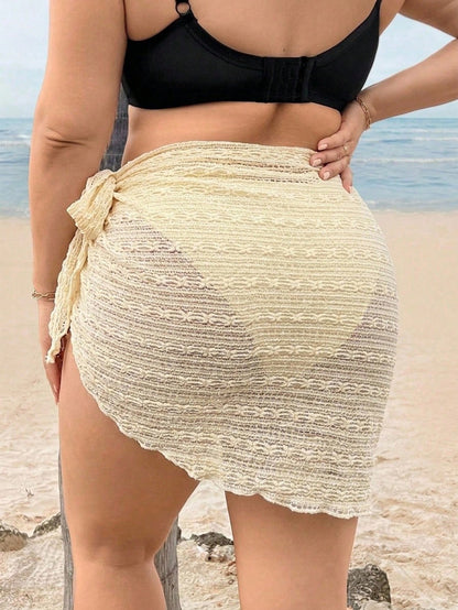 Swim Lushoire Plus Size Swimsuit Bottom Cover Up Skirt, Women Solid Color Wrap Style Mesh Skirt With Side Tie Bow Design, Suitable For Beach Vacation, Pool Party