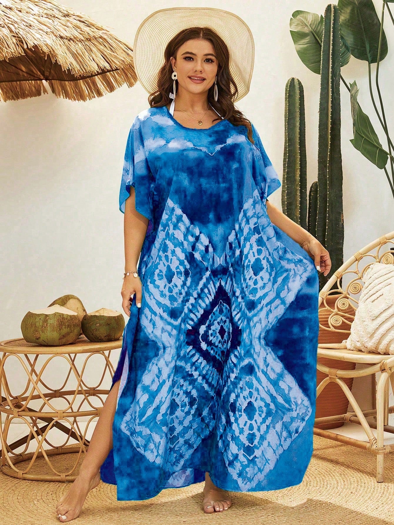 Swim Lushoire Plus Size Tie Dye Printed Round Neck Summer Beach Cover-Up Dress With Side Slits