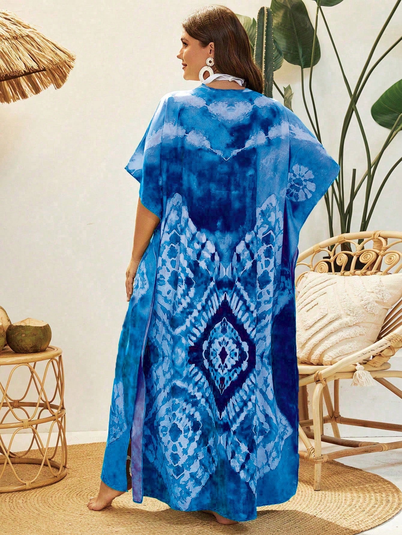 Swim Lushoire Plus Size Tie Dye Printed Round Neck Summer Beach Cover-Up Dress With Side Slits