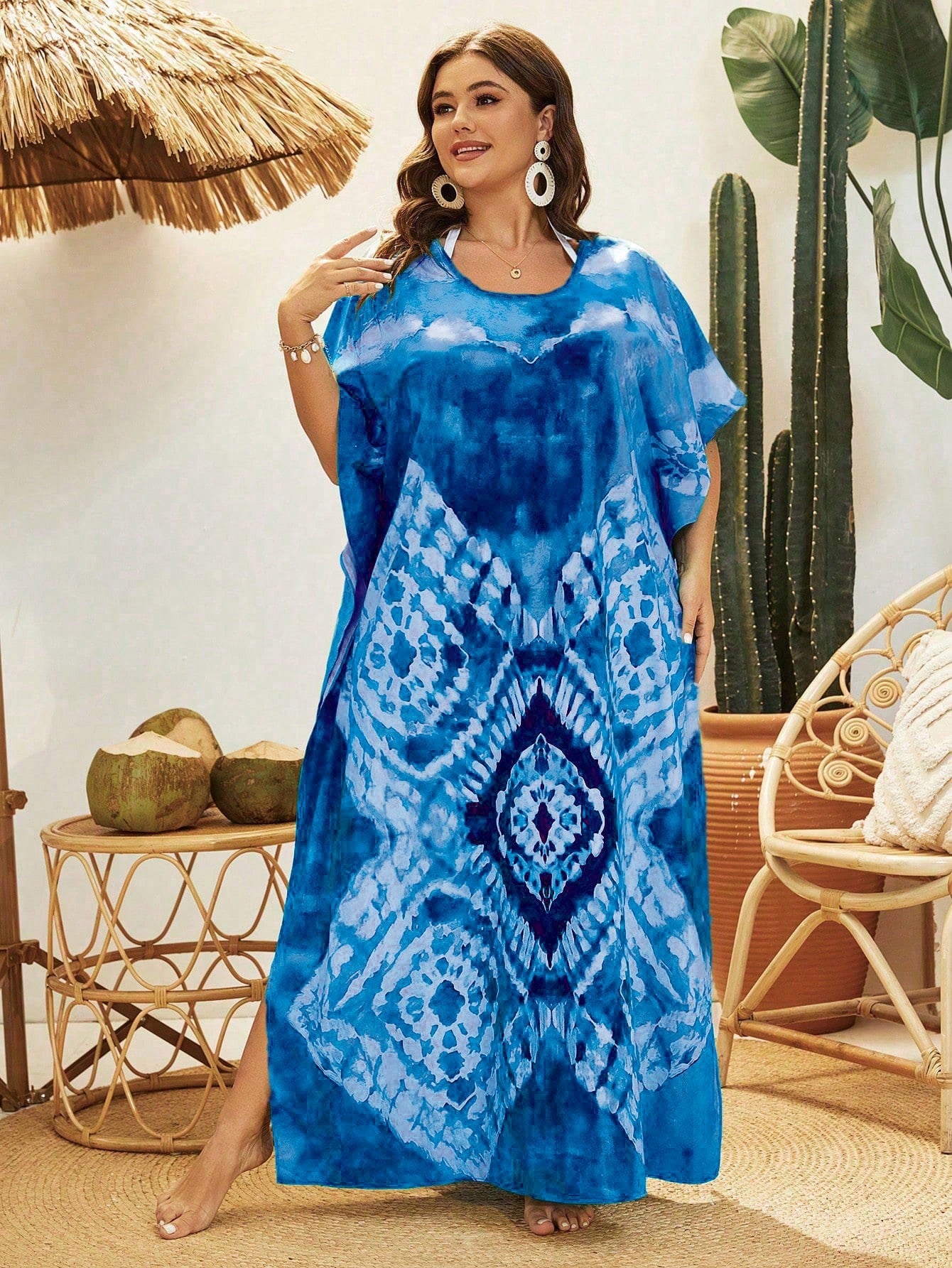 Swim Lushoire Plus Size Tie Dye Printed Round Neck Summer Beach Cover-Up Dress With Side Slits