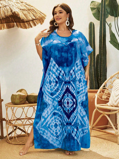 Swim Lushoire Plus Size Tie Dye Printed Round Neck Summer Beach Cover-Up Dress With Side Slits