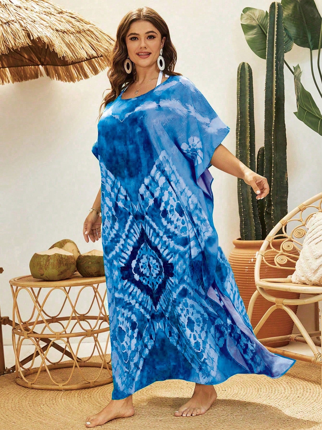 Swim Lushoire Plus Size Tie Dye Printed Round Neck Summer Beach Cover-Up Dress With Side Slits