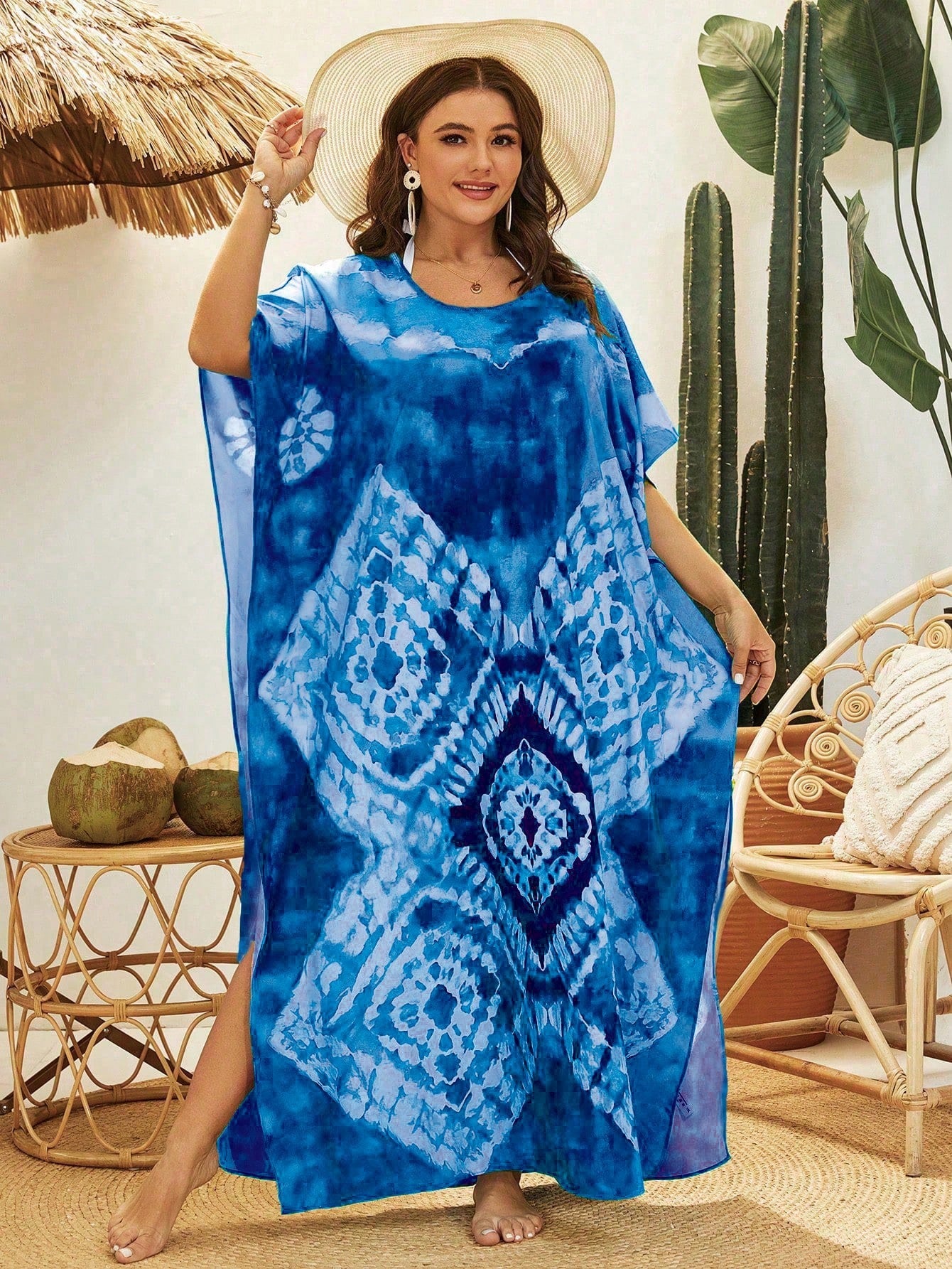 Swim Lushoire Plus Size Tie Dye Printed Round Neck Summer Beach Cover-Up Dress With Side Slits