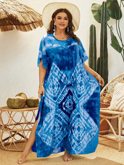 Swim Lushoire Plus Size Tie Dye Printed Round Neck Summer Beach Cover-Up Dress With Side Slits