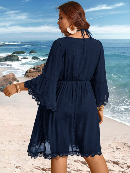 Swim Lushoire Plus Size V-Neck Lace Patchwork Flare Sleeve Cover Up For Summer Beach Vacation