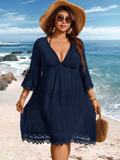 Swim Lushoire Plus Size V-Neck Lace Patchwork Flare Sleeve Cover Up For Summer Beach Vacation