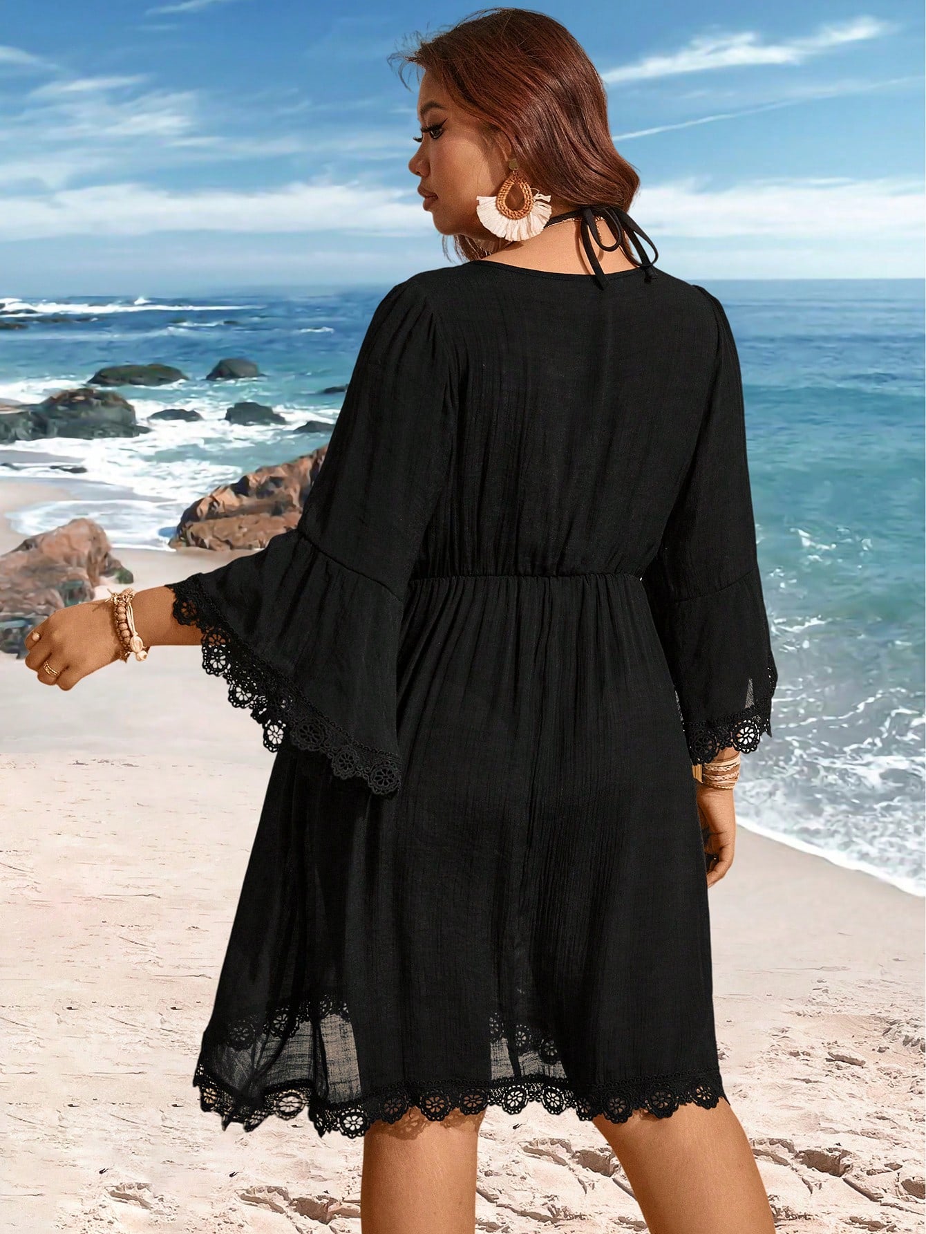 Swim Lushoire Plus Size V-Neck Lace Patchwork Flare Sleeve Cover Up For Summer Beach Vacation