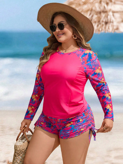 Swim Lushoire Plus Size Women 2-Piece Set,Random Fuchsia Leaf Print Long Sleeve Round Neck Swimsuit,High Waist Drawstring Shorts,Pink,Summer,Beach,Holiday,Vacation