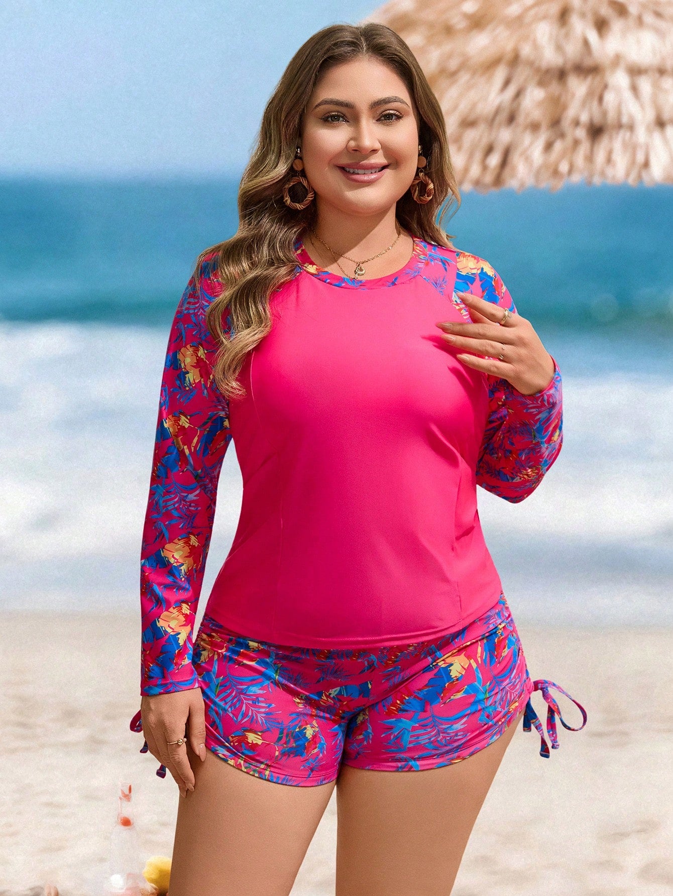 Swim Lushoire Plus Size Women 2-Piece Set,Random Fuchsia Leaf Print Long Sleeve Round Neck Swimsuit,High Waist Drawstring Shorts,Pink,Summer,Beach,Holiday,Vacation