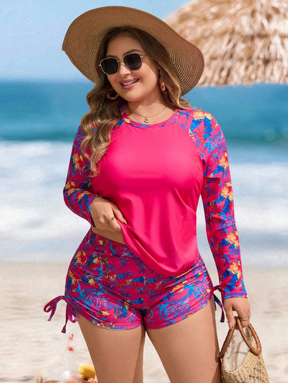 Swim Lushoire Plus Size Women 2-Piece Set,Random Fuchsia Leaf Print Long Sleeve Round Neck Swimsuit,High Waist Drawstring Shorts,Pink,Summer,Beach,Holiday,Vacation