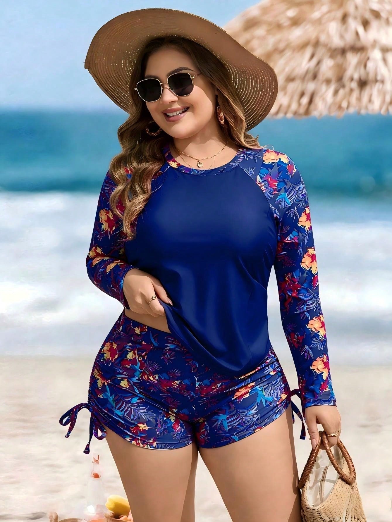 Swim Lushoire Plus Size Women 2-Piece Set,Random Fuchsia Leaf Print Long Sleeve Round Neck Swimsuit,High Waist Drawstring Shorts,Pink,Summer,Beach,Holiday,Vacation
