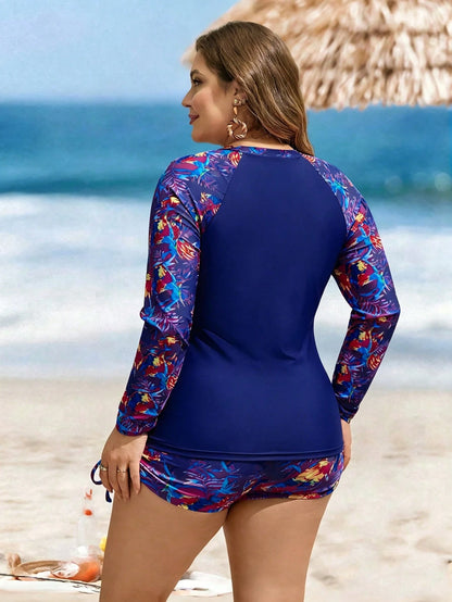 Swim Lushoire Plus Size Women 2-Piece Set,Random Fuchsia Leaf Print Long Sleeve Round Neck Swimsuit,High Waist Drawstring Shorts,Pink,Summer,Beach,Holiday,Vacation