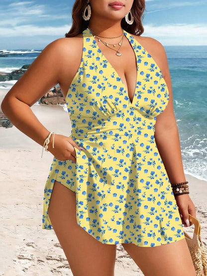 Swim Lushoire Plus Size Women 2-Piece Striped Print Ruched Waist Halter Neck Swim Dress Tank Bikini Mature Minimalist Casual Vacation Swimwear