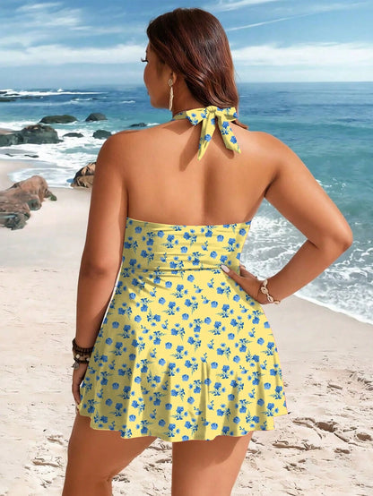 Swim Lushoire Plus Size Women 2-Piece Striped Print Ruched Waist Halter Neck Swim Dress Tank Bikini Mature Minimalist Casual Vacation Swimwear