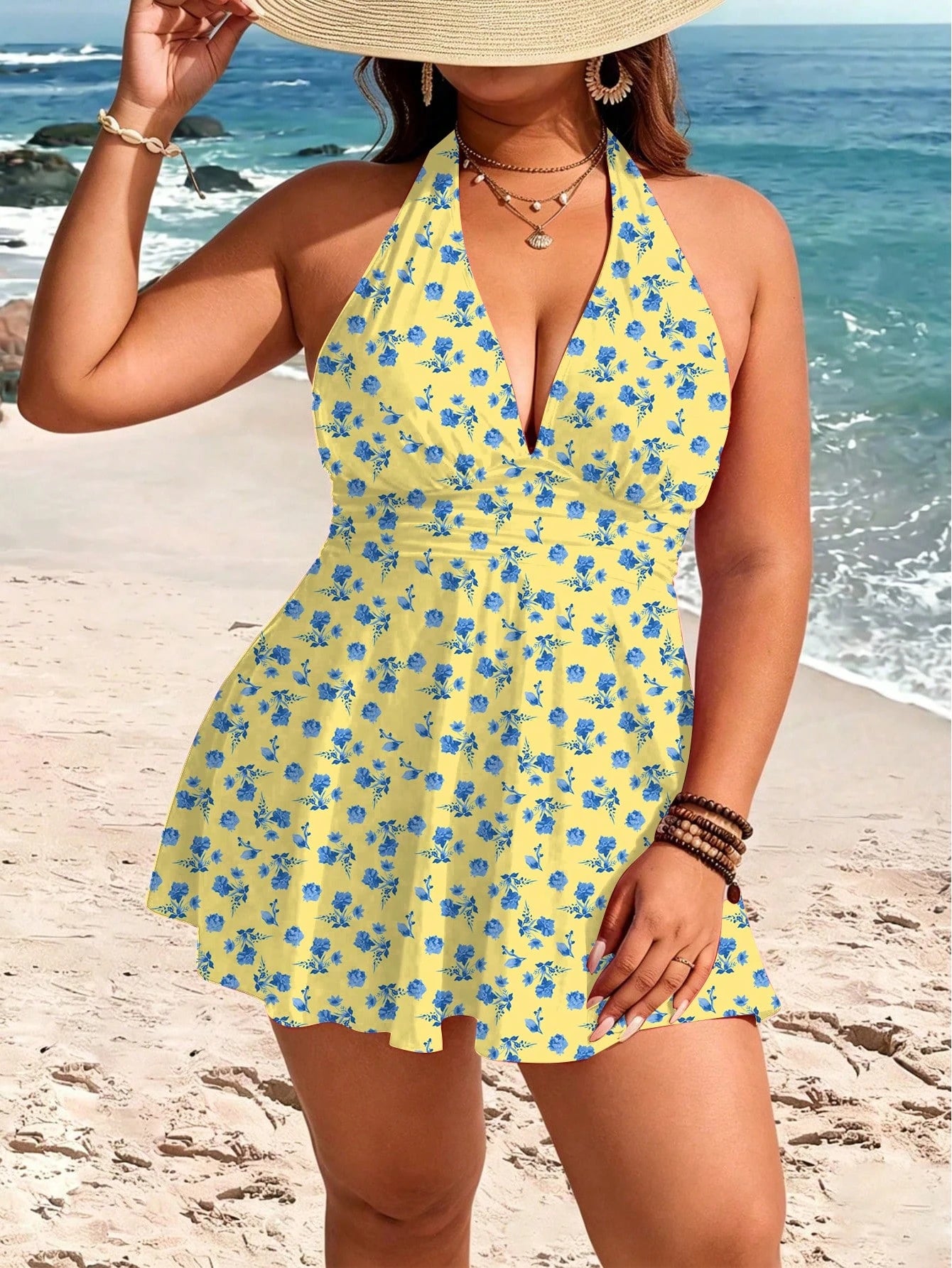 Swim Lushoire Plus Size Women 2-Piece Striped Print Ruched Waist Halter Neck Swim Dress Tank Bikini Mature Minimalist Casual Vacation Swimwear