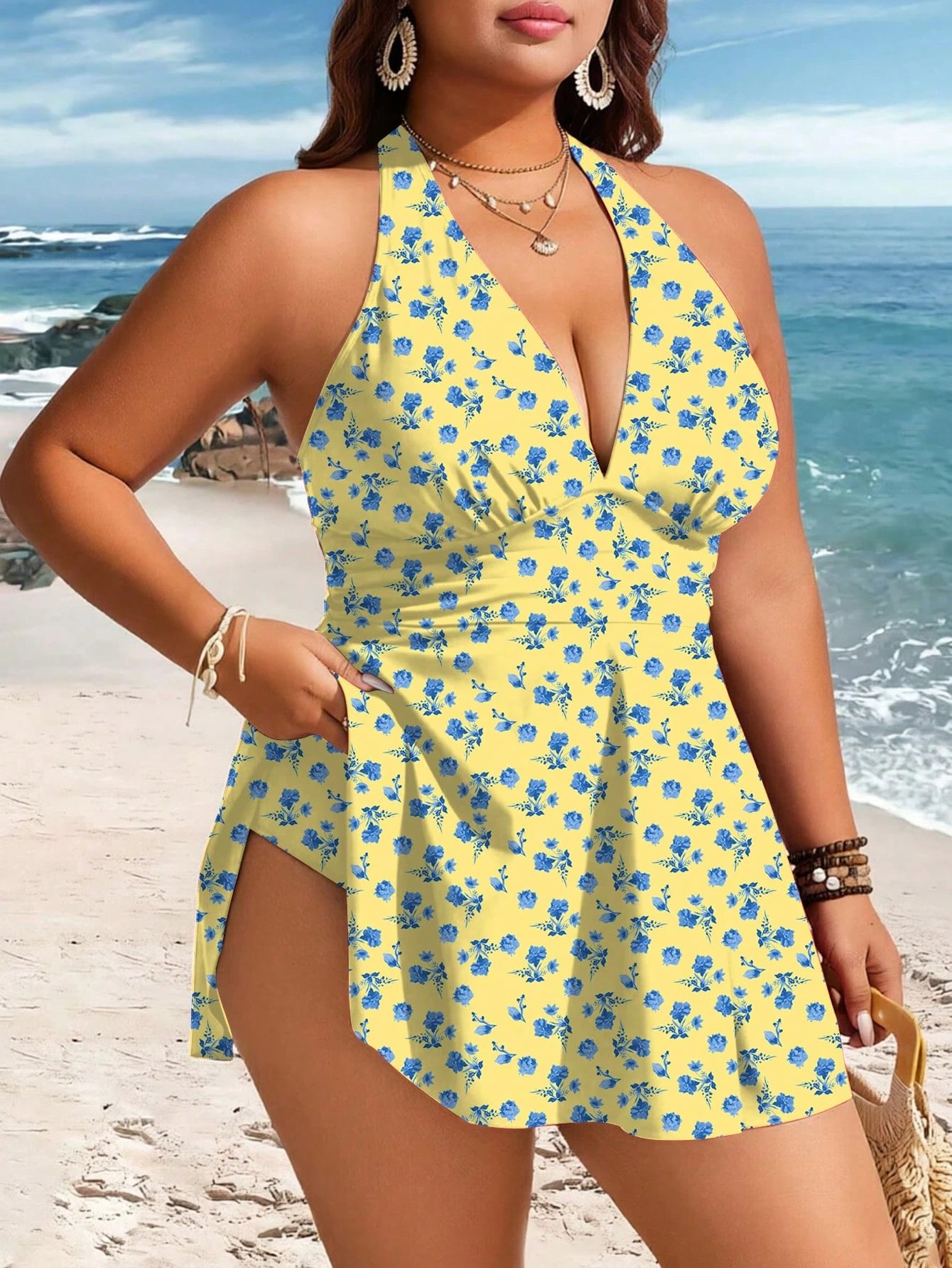 Swim Lushoire Plus Size Women 2-Piece Striped Print Ruched Waist Halter Neck Swim Dress Tank Bikini Mature Minimalist Casual Vacation Swimwear