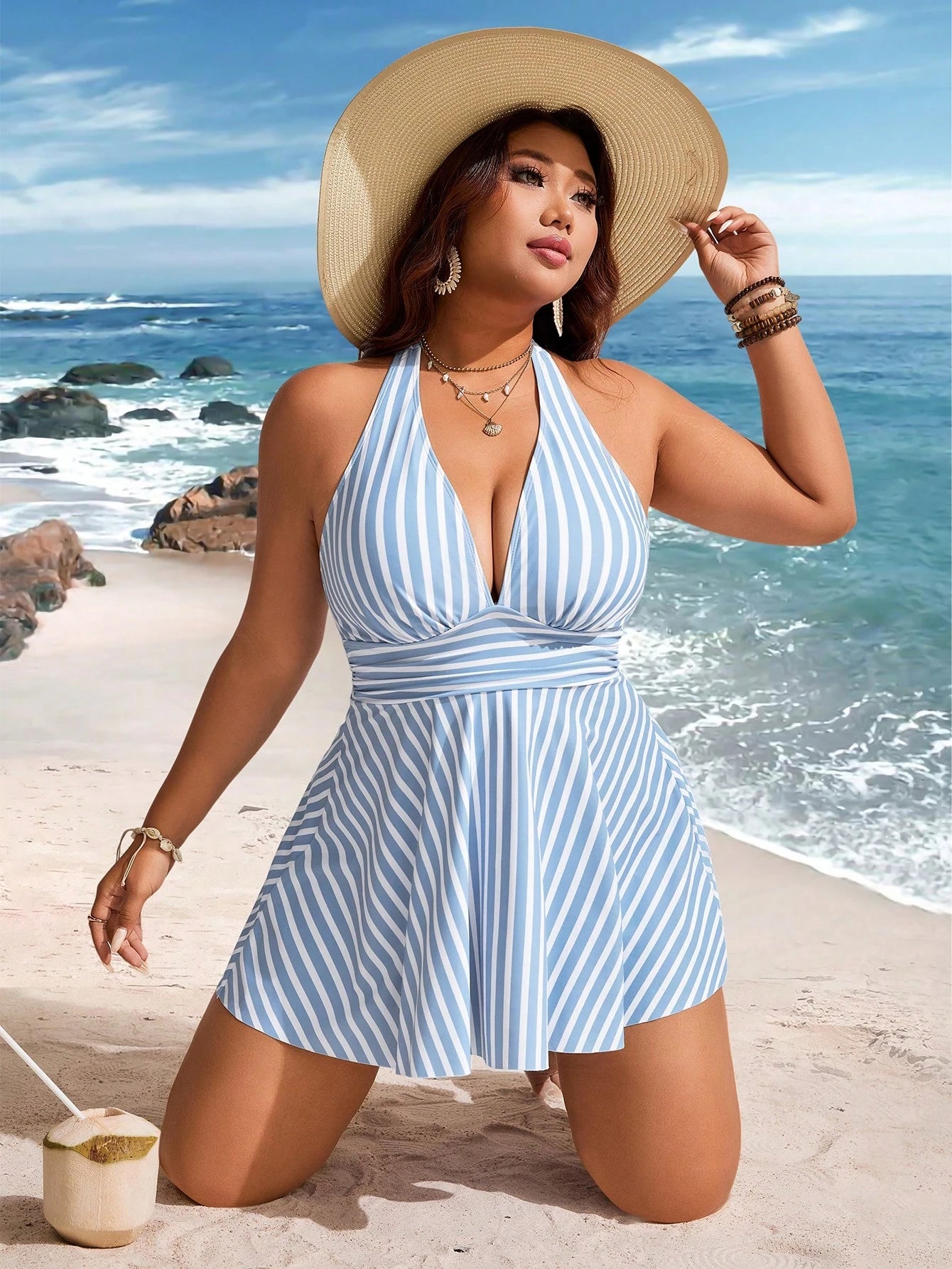 Swim Lushoire Plus Size Women 2-Piece Striped Print Ruched Waist Halter Neck Swim Dress Tank Bikini Mature Minimalist Casual Vacation Swimwear