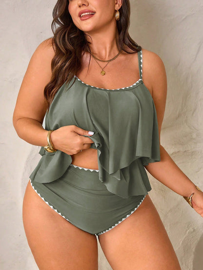Swim Lushoire Plus Size Women 2 Pieces Set, Green Spaghetti Strap Double Ruffle Trim Top Paired With High Waist Pleated Trim Pants, Summer Vacation Beach Outfit