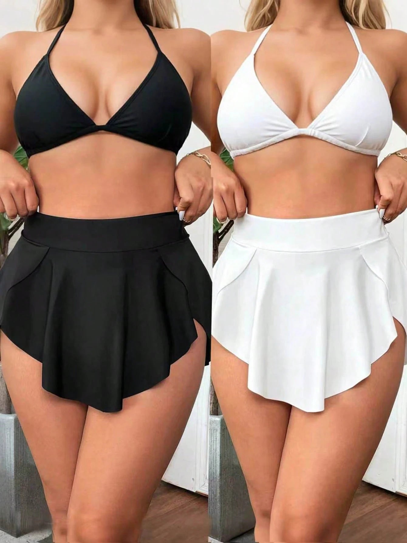 Swim Lushoire Plus Size Women 2pcs Set Random Multicolor Leopard Print Solid Color Black Fashion Holiday Daily Minimalist Casual Tummy Control Slimming High Waist Asymmetric Hem Triangle Bikini Bottom