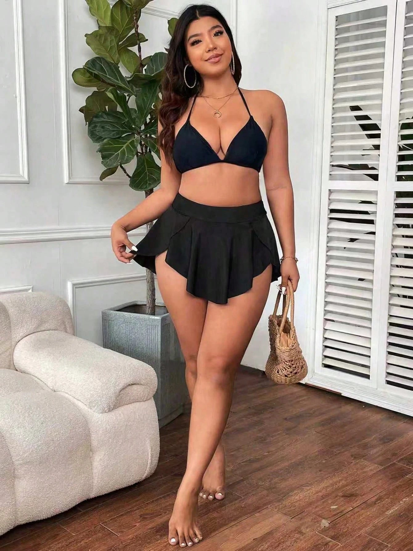 Swim Lushoire Plus Size Women 2pcs Set Random Multicolor Leopard Print Solid Color Black Fashion Holiday Daily Minimalist Casual Tummy Control Slimming High Waist Asymmetric Hem Triangle Bikini Bottom