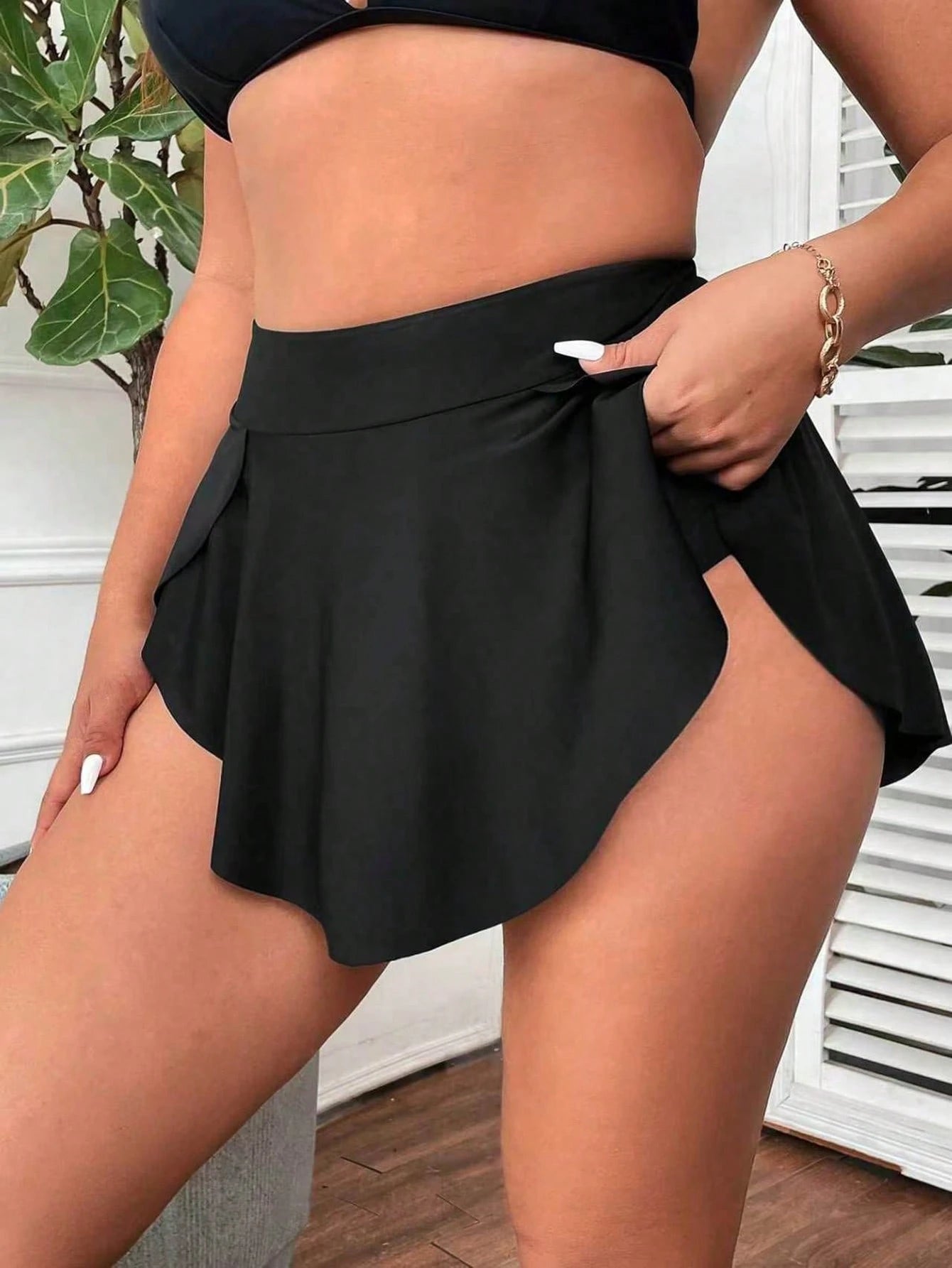 Swim Lushoire Plus Size Women 2pcs Set Random Multicolor Leopard Print Solid Color Black Fashion Holiday Daily Minimalist Casual Tummy Control Slimming High Waist Asymmetric Hem Triangle Bikini Bottom