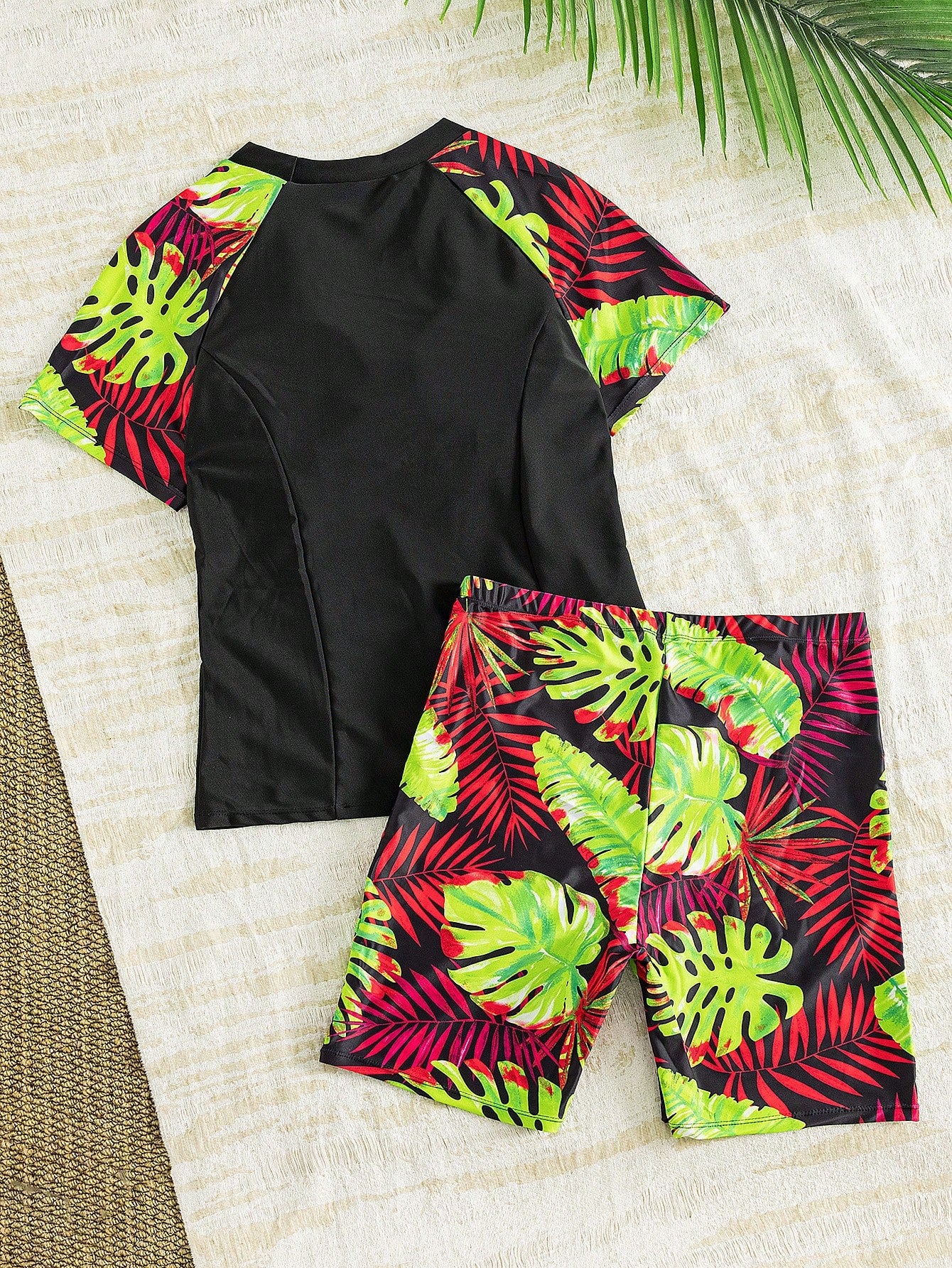 Swim Lushoire Plus Size Women 2pcs Set Short Sleeve Print Tankini Swimwear, Fashionable Casual Beachwear For Summer Beach Vacation
