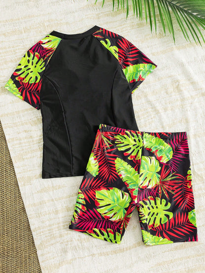 Swim Lushoire Plus Size Women 2pcs Set Short Sleeve Print Tankini Swimwear, Fashionable Casual Beachwear For Summer Beach Vacation